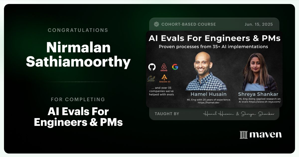 Certificate of Completion for AI Evals For Engineers & PMs