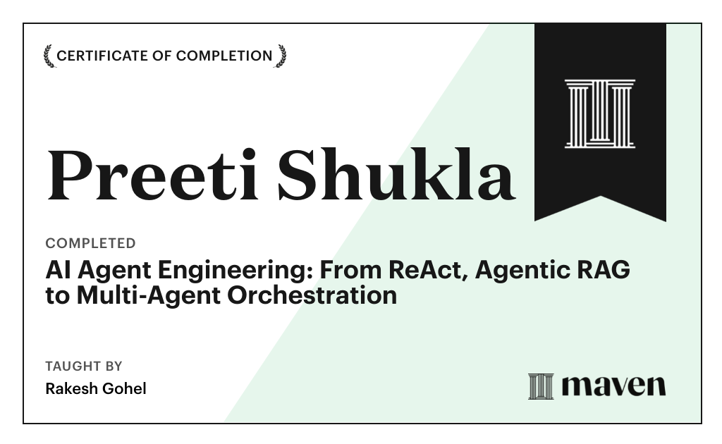Certificate for AI Agent Engineering: From ReAct, Agentic RAG to Multi-Agent Orchestration