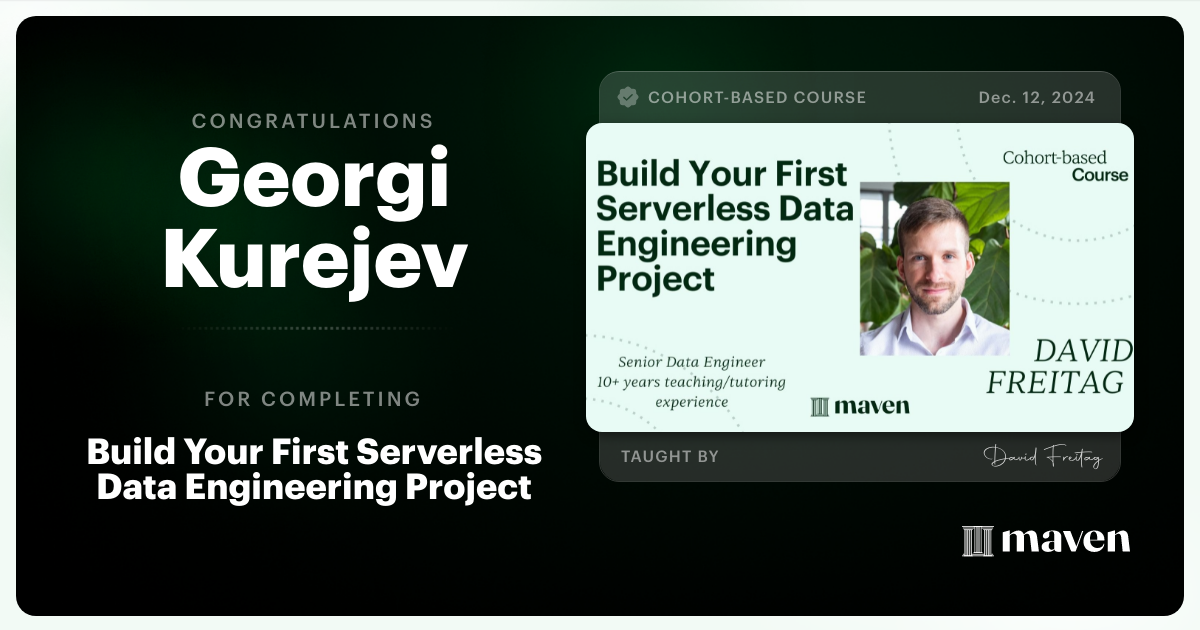 Certificate of Completion for Build Your First Serverless Data Engineering Project