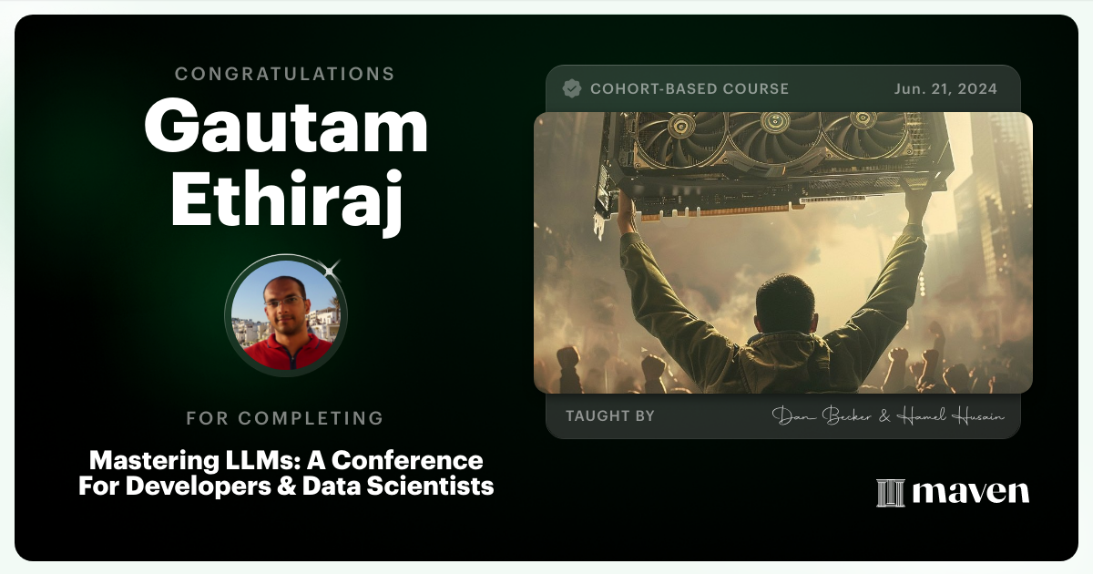 Certificate of Completion for Mastering LLMs For Developers & Data Scientists