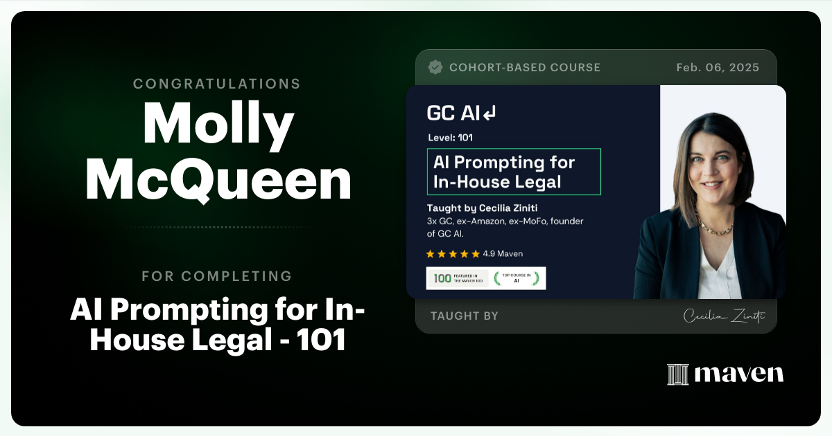 Certificate of Completion for AI Prompting for In-House Legal - 101
