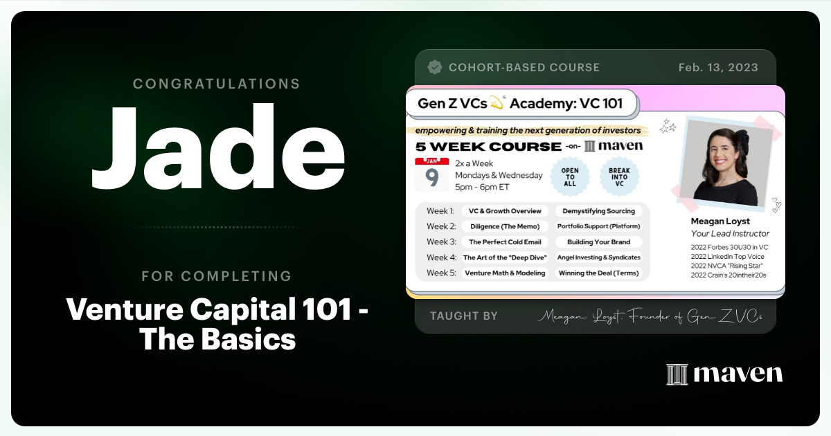 Certificate of Completion for Venture Capital 101 - The Basics