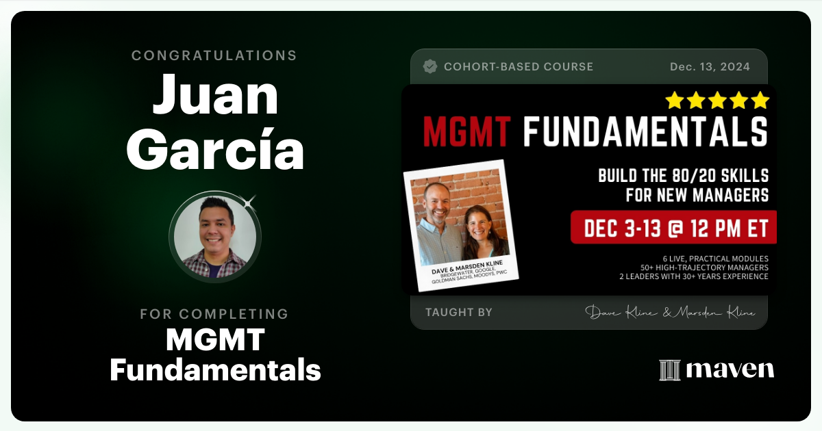 Certificate of Completion for MGMT Fundamentals: AI-Powered Leadership Skills for New Managers