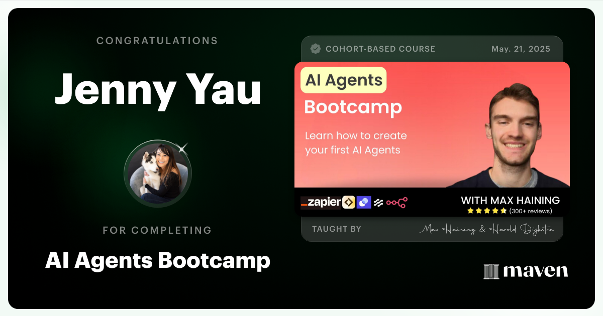 Certificate of Completion for AI Agent Builder Bootcamp