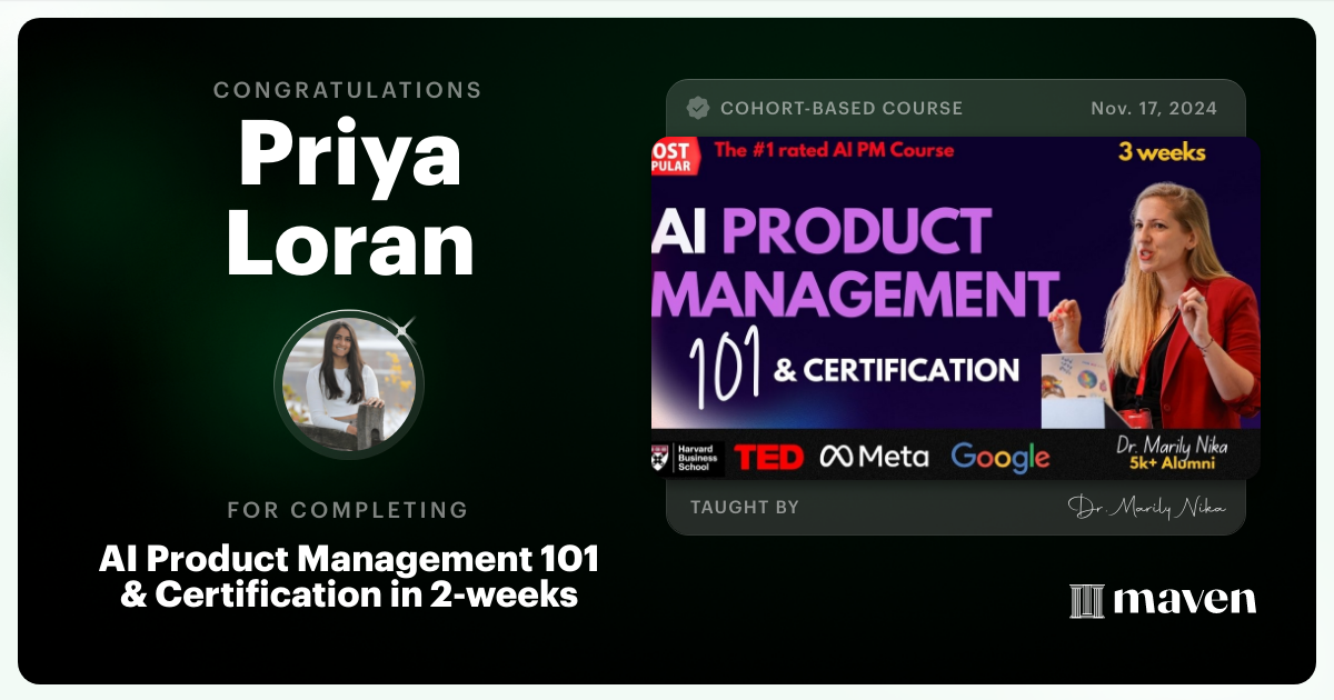 Certificate of Completion for AI Product Management 101 & Certification - Building AI Products end-to-end