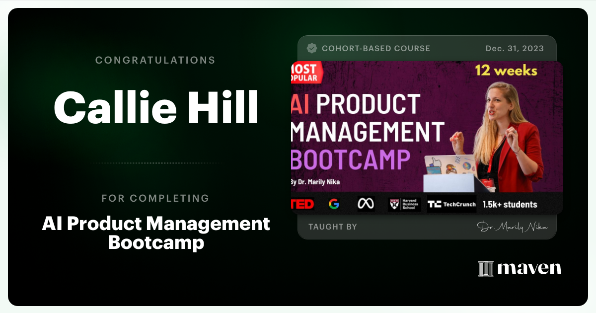 Certificate of Completion for AI Product Management Bootcamp & Certification by AI Product Academy