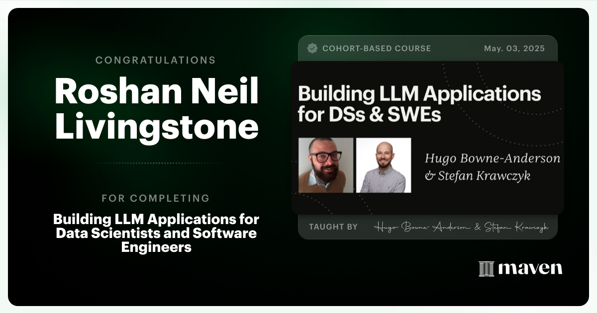 Certificate of Completion for Building AI Applications for Data Scientists and Software Engineers
