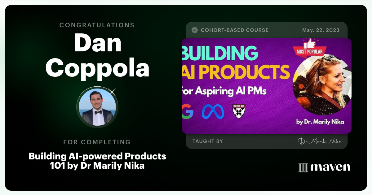 Certificate of Completion for AI Product Management 101 & Certification - Building AI Products end-to-end