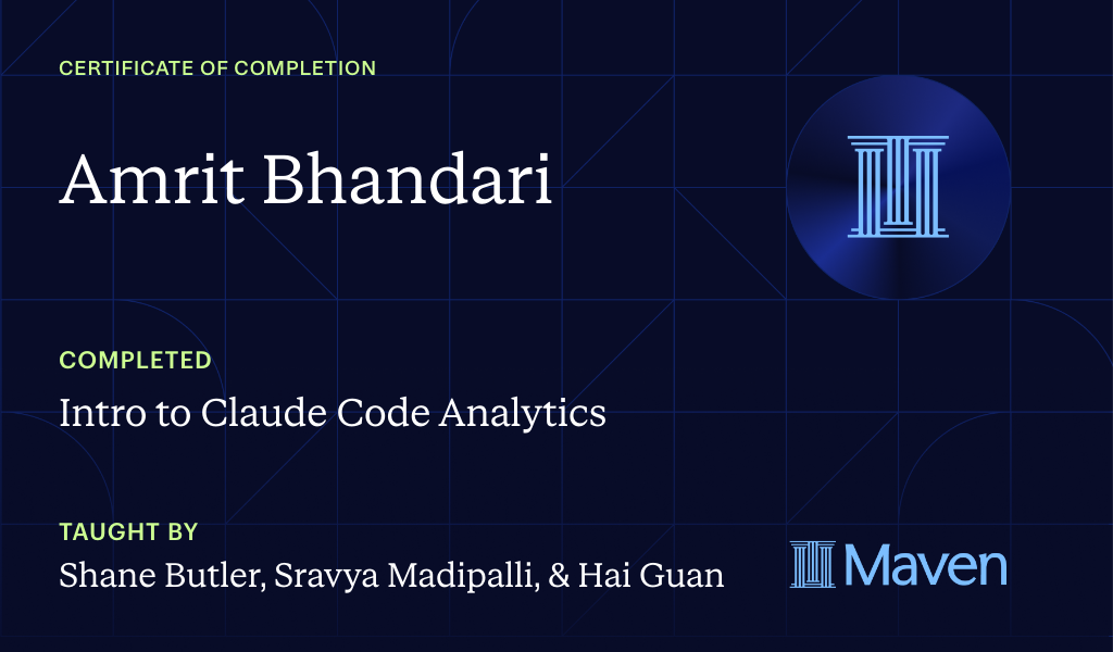Certificate for Intro to Agentic Analytics in Claude Code