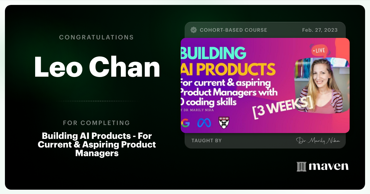 Certificate of Completion for AI Product Management 101 & Certification - Building AI Products end-to-end