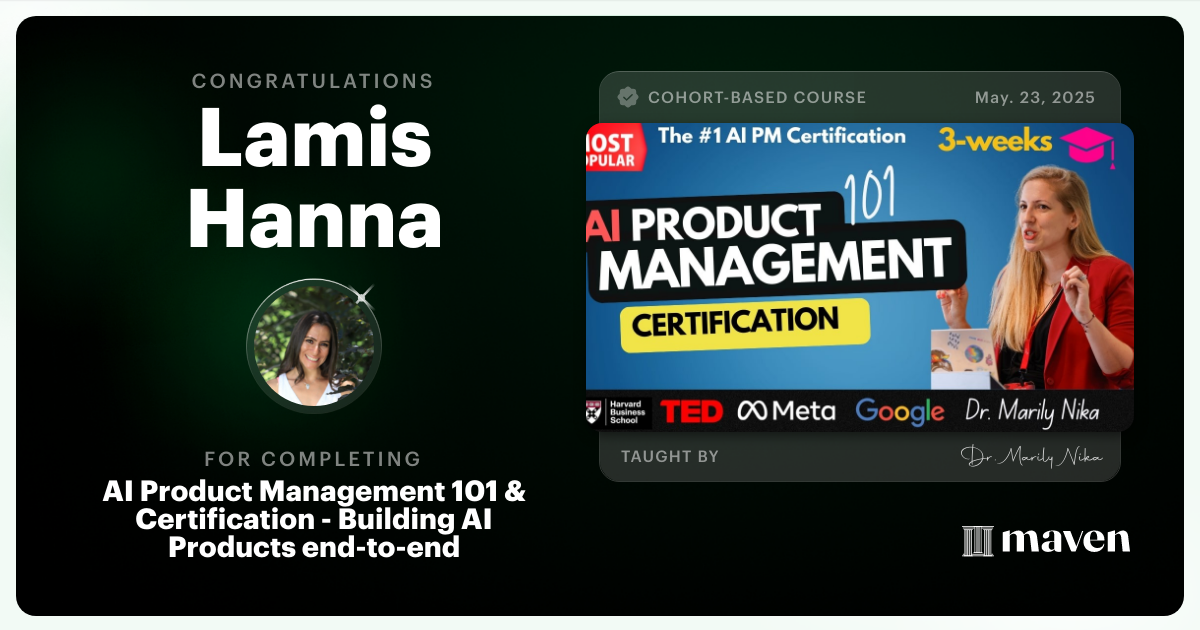 Certificate of Completion for AI Product Management 101 & Certification - Building AI Products end-to-end