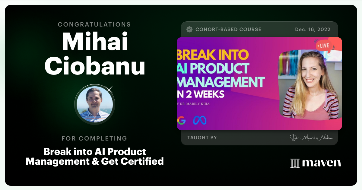 Certificate of Completion for AI Product Management 101 & Certification - Building AI Products end-to-end