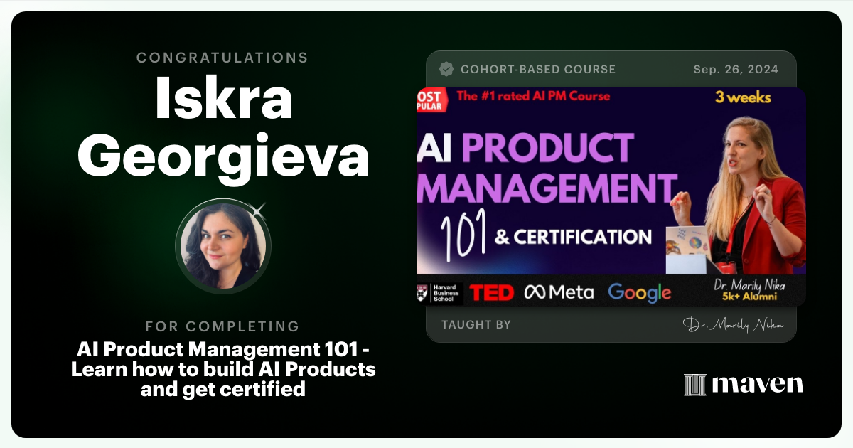 Certificate of Completion for AI Product Management 101 & Certification - Building AI Products end-to-end