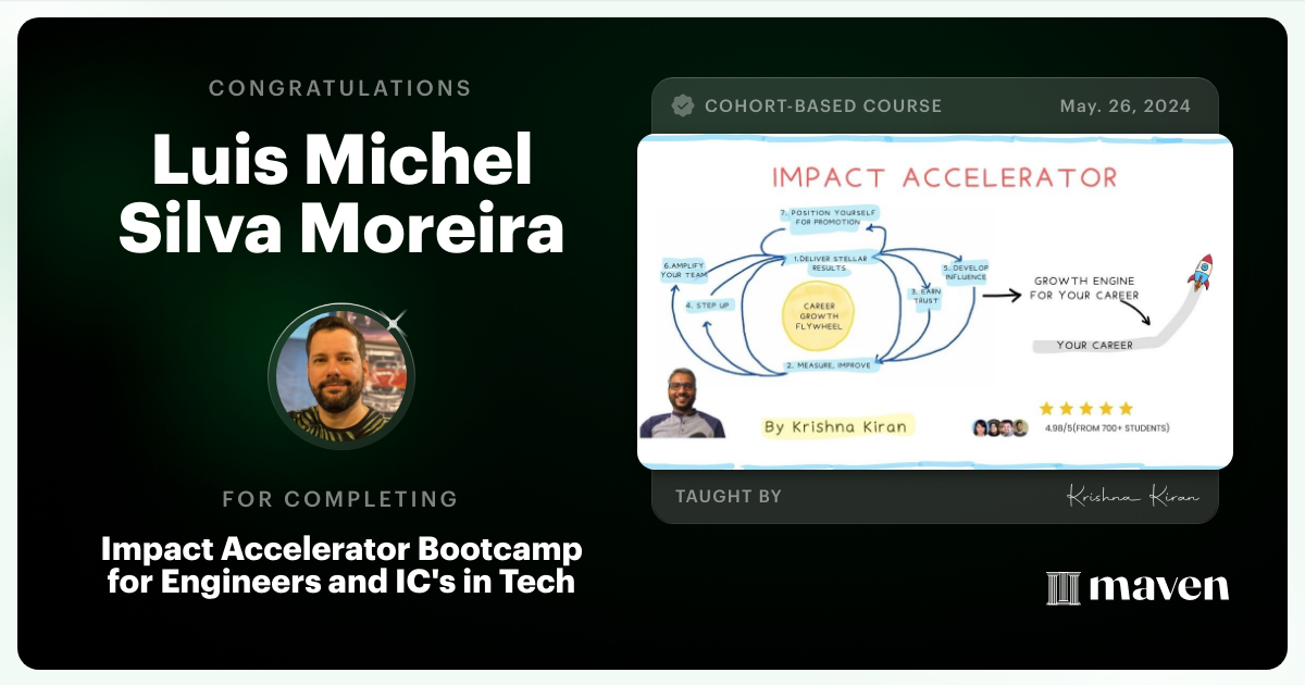 Certificate of Completion for Impact Accelerator Bootcamp for Engineers and IC's in Tech