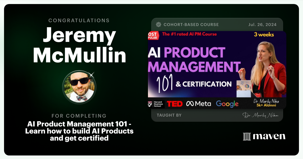 Certificate of Completion for AI Product Management 101 & Certification - Building AI Products end-to-end
