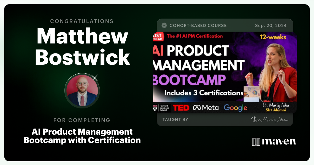 Certificate of Completion for AI Product Management Bootcamp & Certification by AI Product Academy