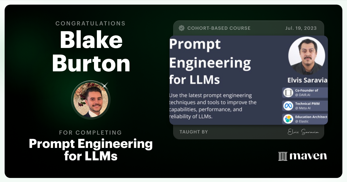 Certificate of Completion for Advanced Prompt Engineering for LLMs
