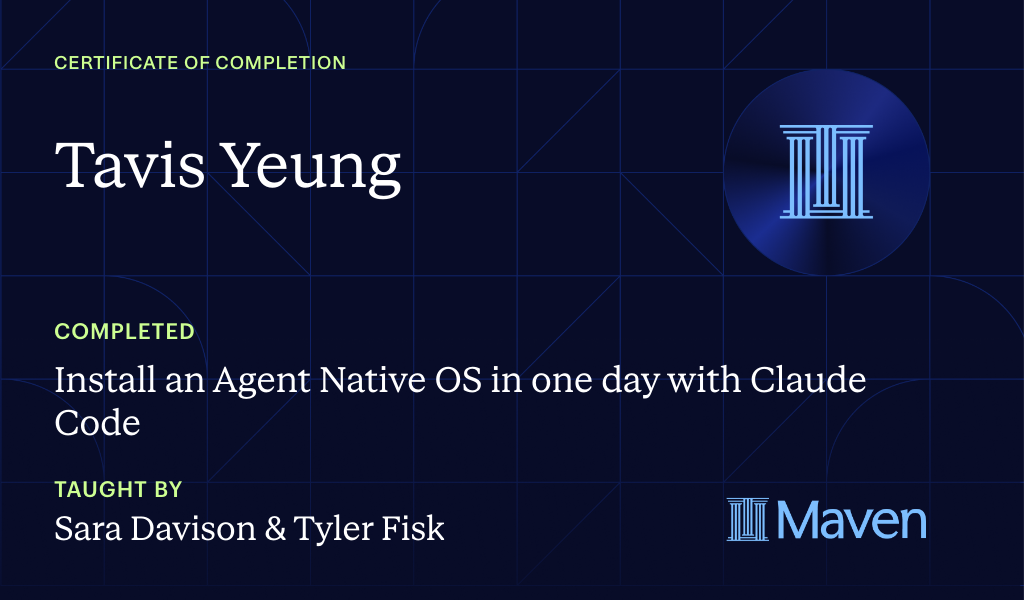 Certificate for Install an AI Agent Team + HQ in One Day with Claude Code (w/o Coding Skills)