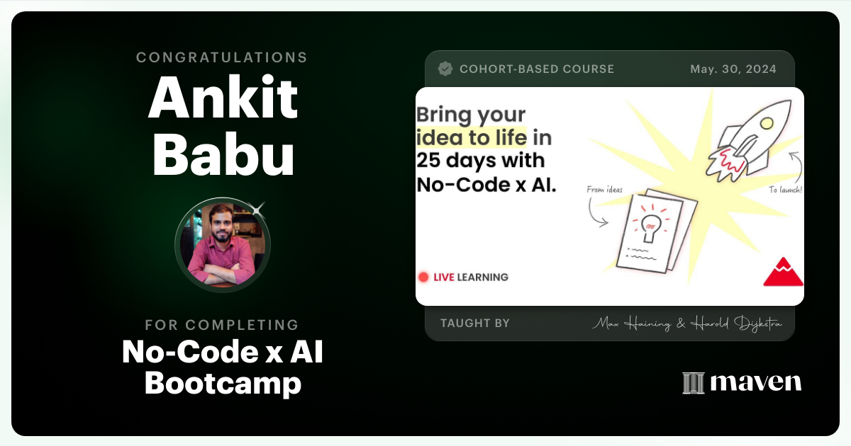 Certificate of Completion for No-Code x AI Bootcamp