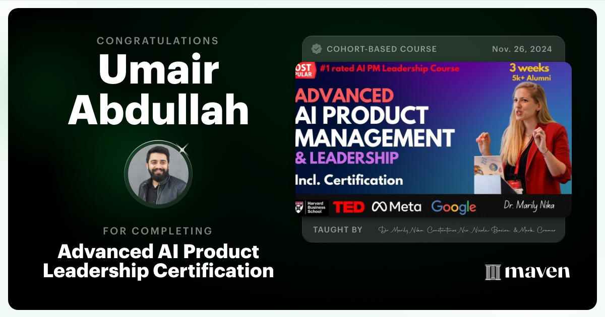Certificate of Completion for Advanced AI Product Leadership Certification
