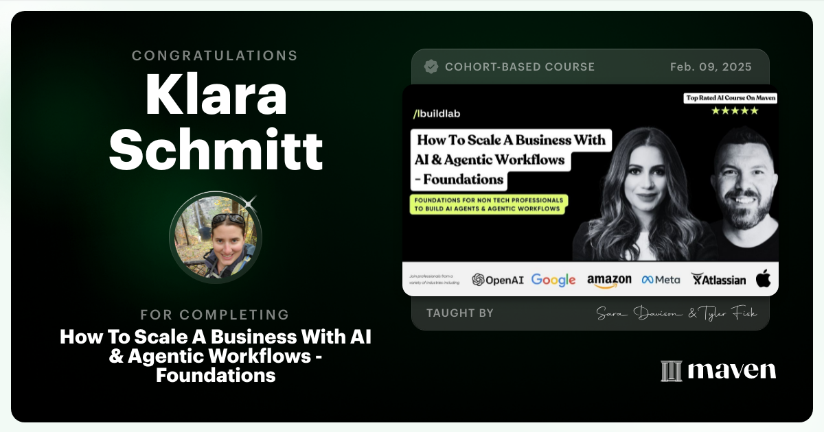 Certificate of Completion for How To Scale A Business With AI & Agentic Workflows - Foundations