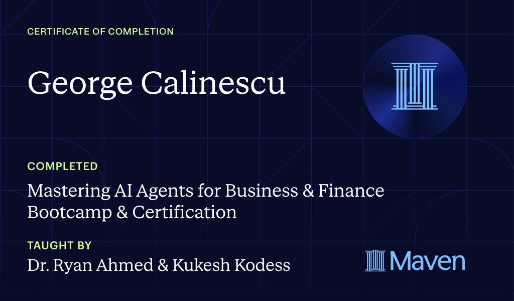 Certificate for Mastering AI Agents for Business & Finance Bootcamp & Certification