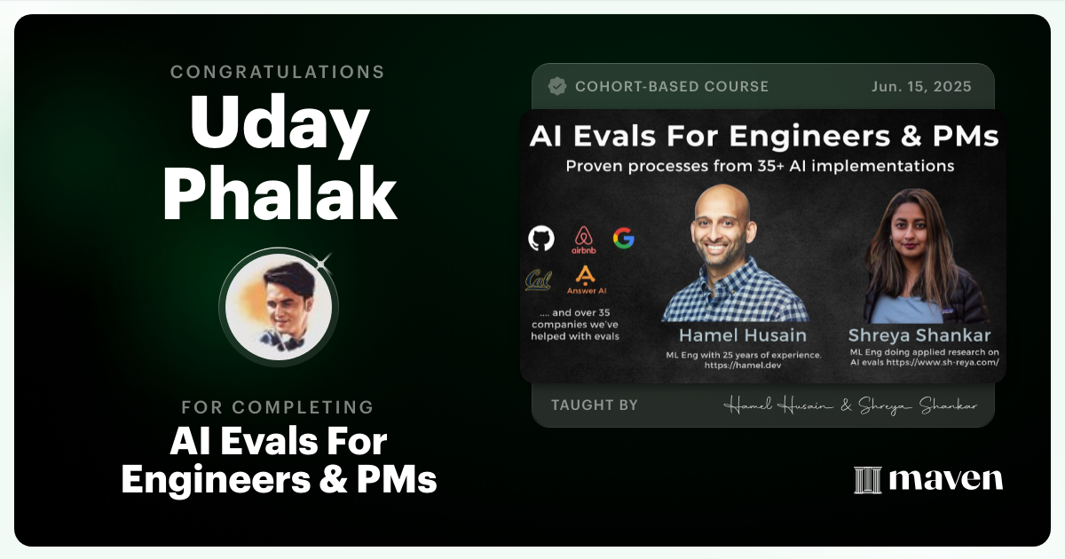 Certificate of Completion for AI Evals For Engineers & PMs