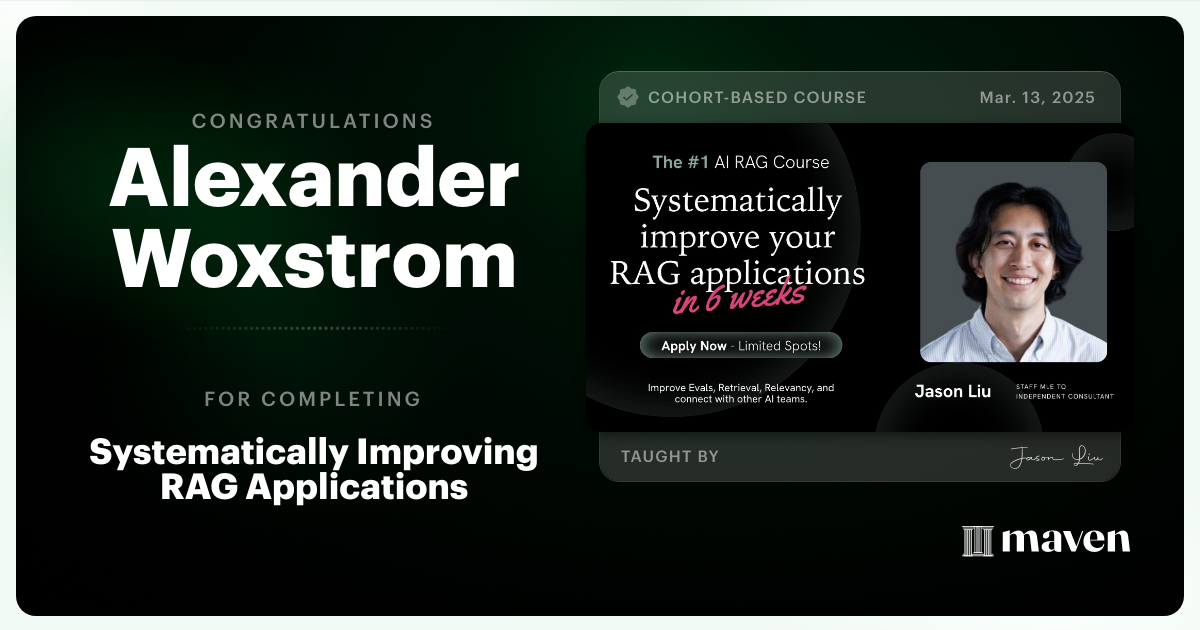 Certificate of Completion for Systematically Improving RAG Applications