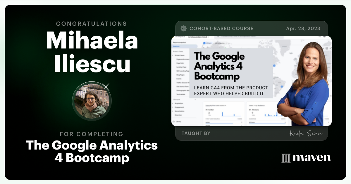 Certificate of Completion for The Google Analytics 4 Bootcamp