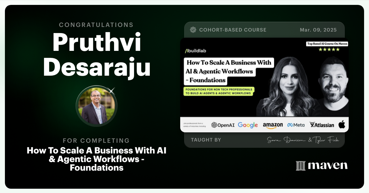 Certificate of Completion for How To Scale A Business With AI & Agentic Workflows - Foundations