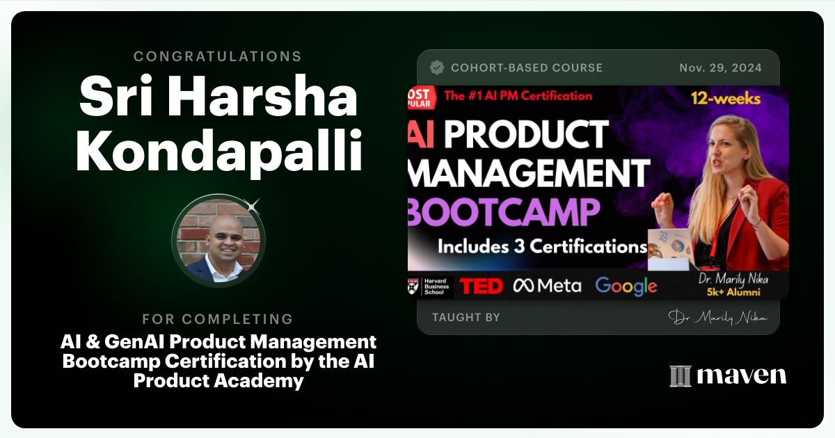 Certificate of Completion for AI Product Management Bootcamp & Certification by AI Product Academy