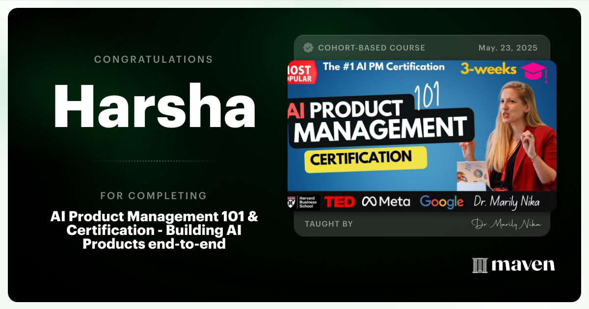 Certificate of Completion for AI Product Management 101 & Certification - Building AI Products end-to-end