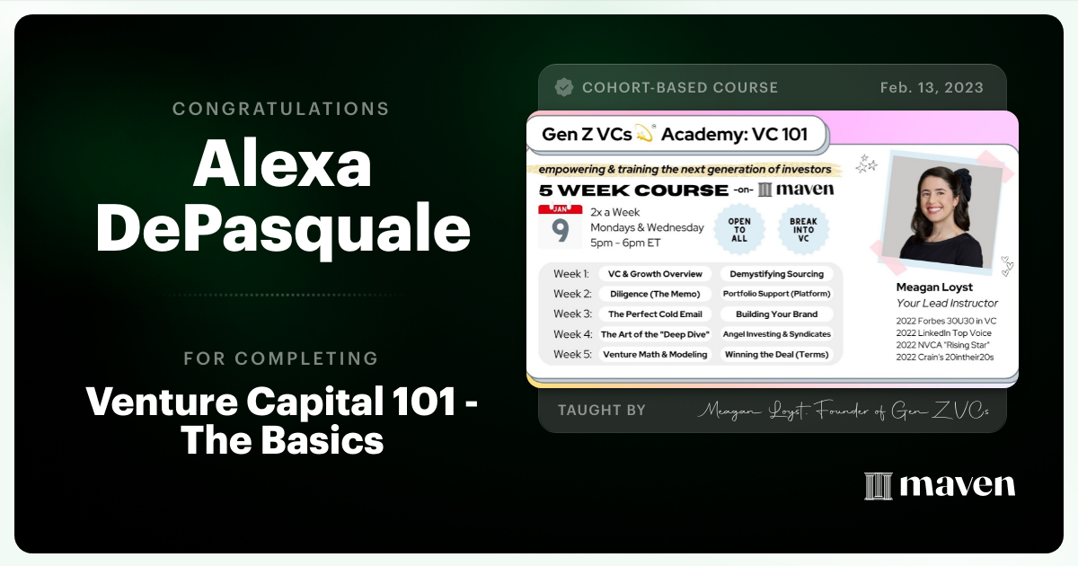 Certificate of Completion for Venture Capital 101 - The Basics