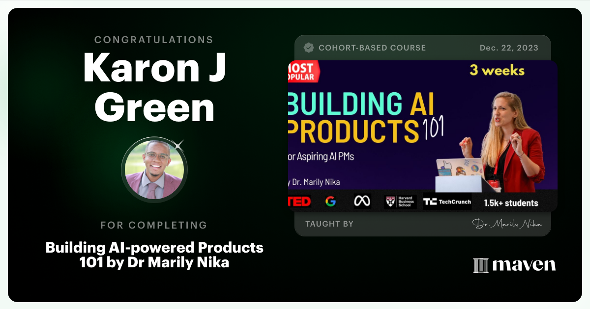 Certificate of Completion for AI Product Management 101 & Certification - Building AI Products end-to-end