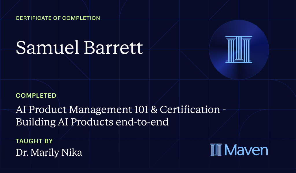 Certificate for AI Product Management 101 & Certification - Building AI Products end-to-end