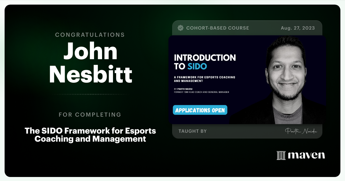 Certificate of Completion for The SIDO Framework for Esports Coaching and Management