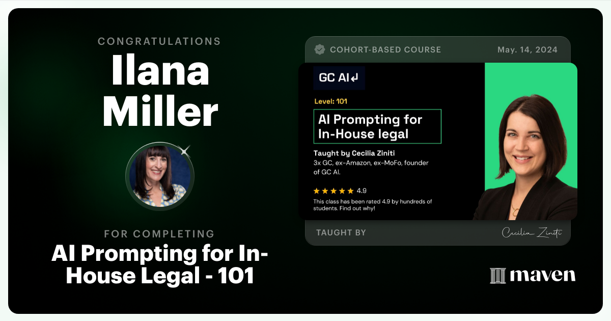 Certificate of Completion for AI Prompting for In-House Legal - 101