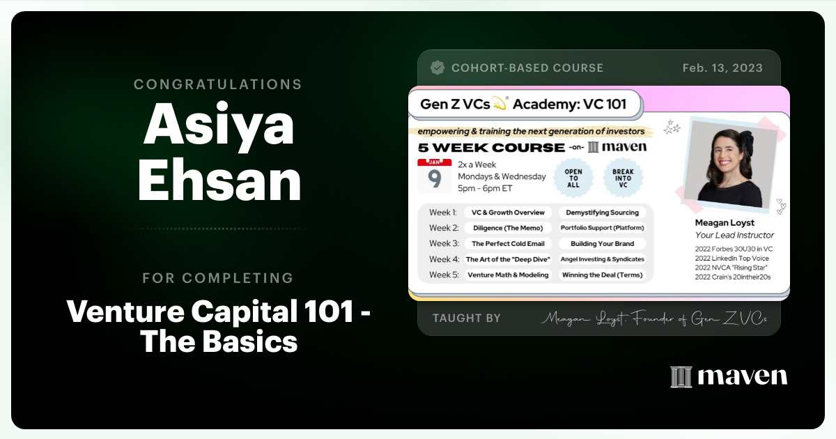 Certificate of Completion for Venture Capital 101 - The Basics