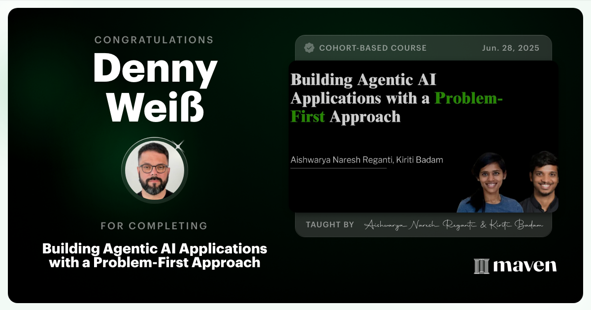 Certificate of Completion for Building Agentic AI Applications with a Problem-First Approach