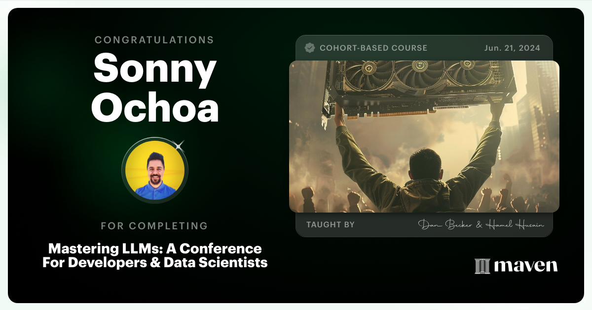 Certificate of Completion for Mastering LLMs For Developers & Data Scientists