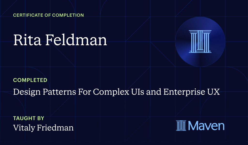 Certificate for Design Patterns For Complex UIs and Enterprise UX