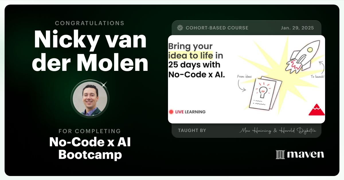 Certificate of Completion for No-Code x AI Bootcamp