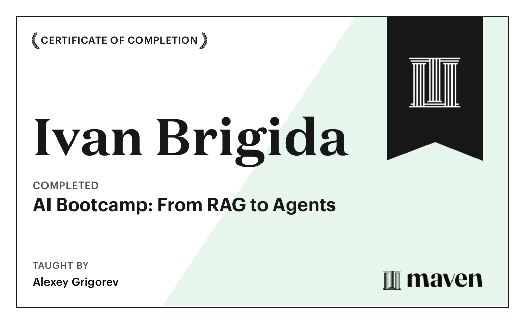 Certificate for AI Engineering Buildcamp: From RAG to Agents