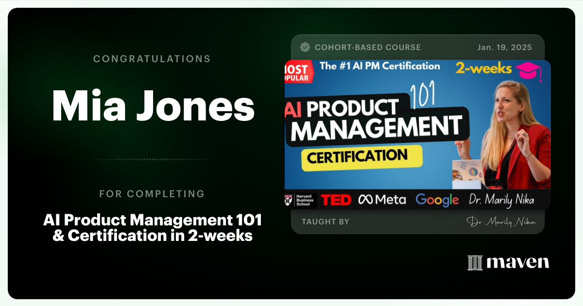 Certificate of Completion for AI Product Management 101 & Certification - Building AI Products end-to-end