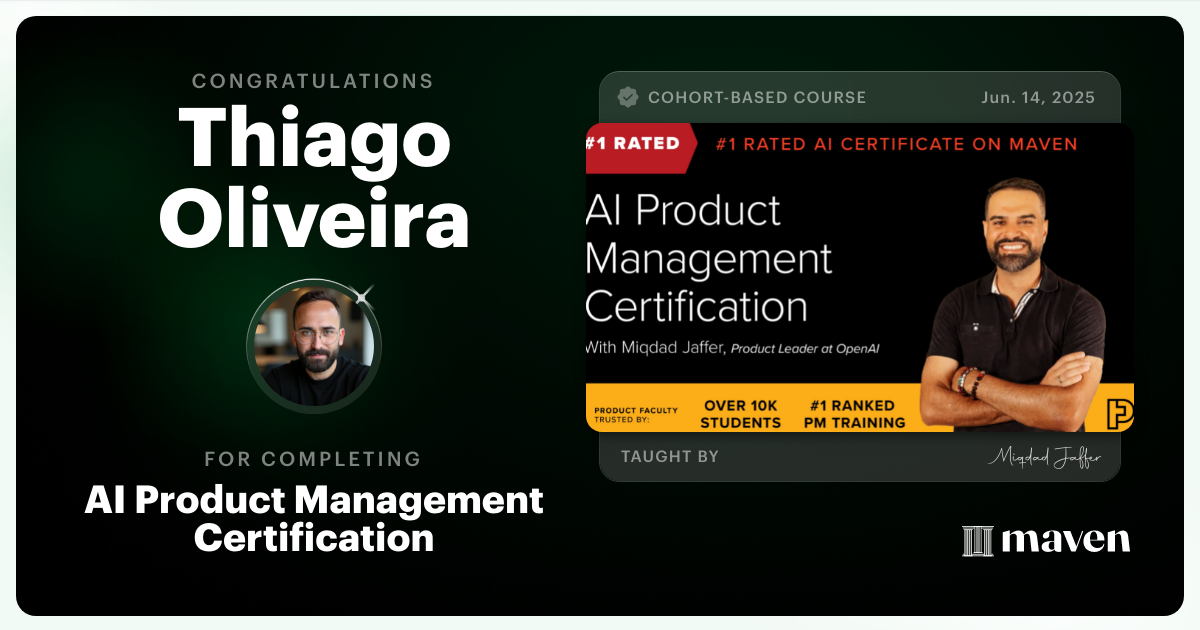 Certificate of Completion for AI Product Management Certification by Product Faculty