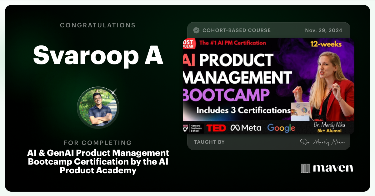 Certificate of Completion for AI Product Management Bootcamp & Certification by AI Product Academy