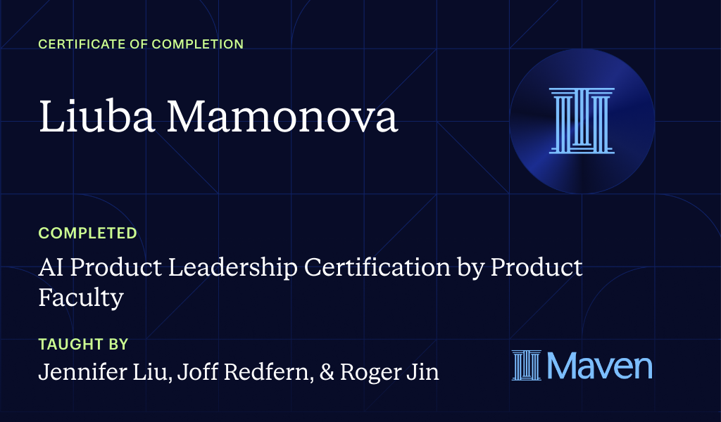 Certificate for AI Product Leadership Certification by Product Faculty