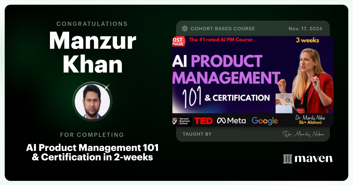 Certificate of Completion for AI Product Management 101 & Certification - Building AI Products end-to-end