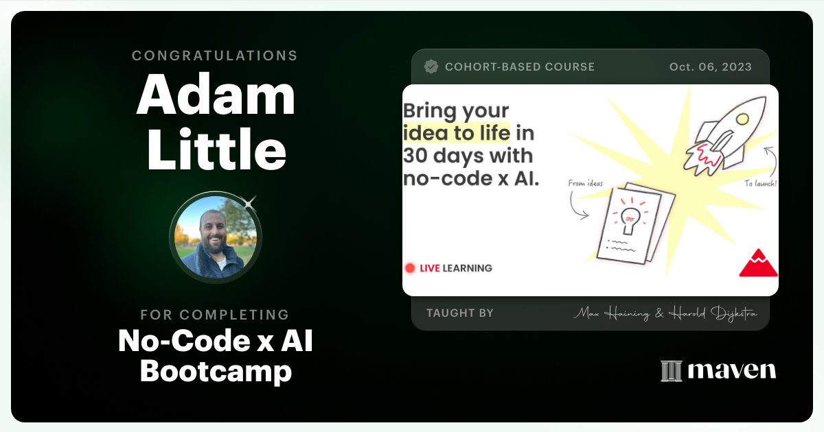 Certificate of Completion for No-Code x AI Bootcamp