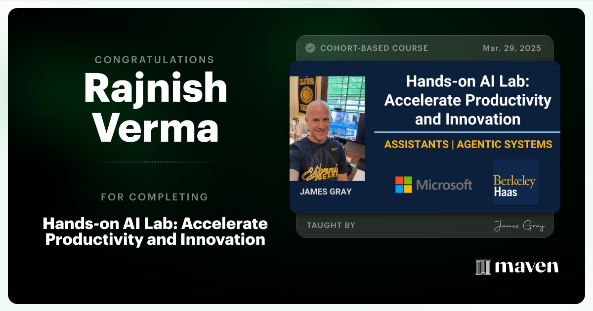 Certificate of Completion for Hands-on Agentic AI for Leaders